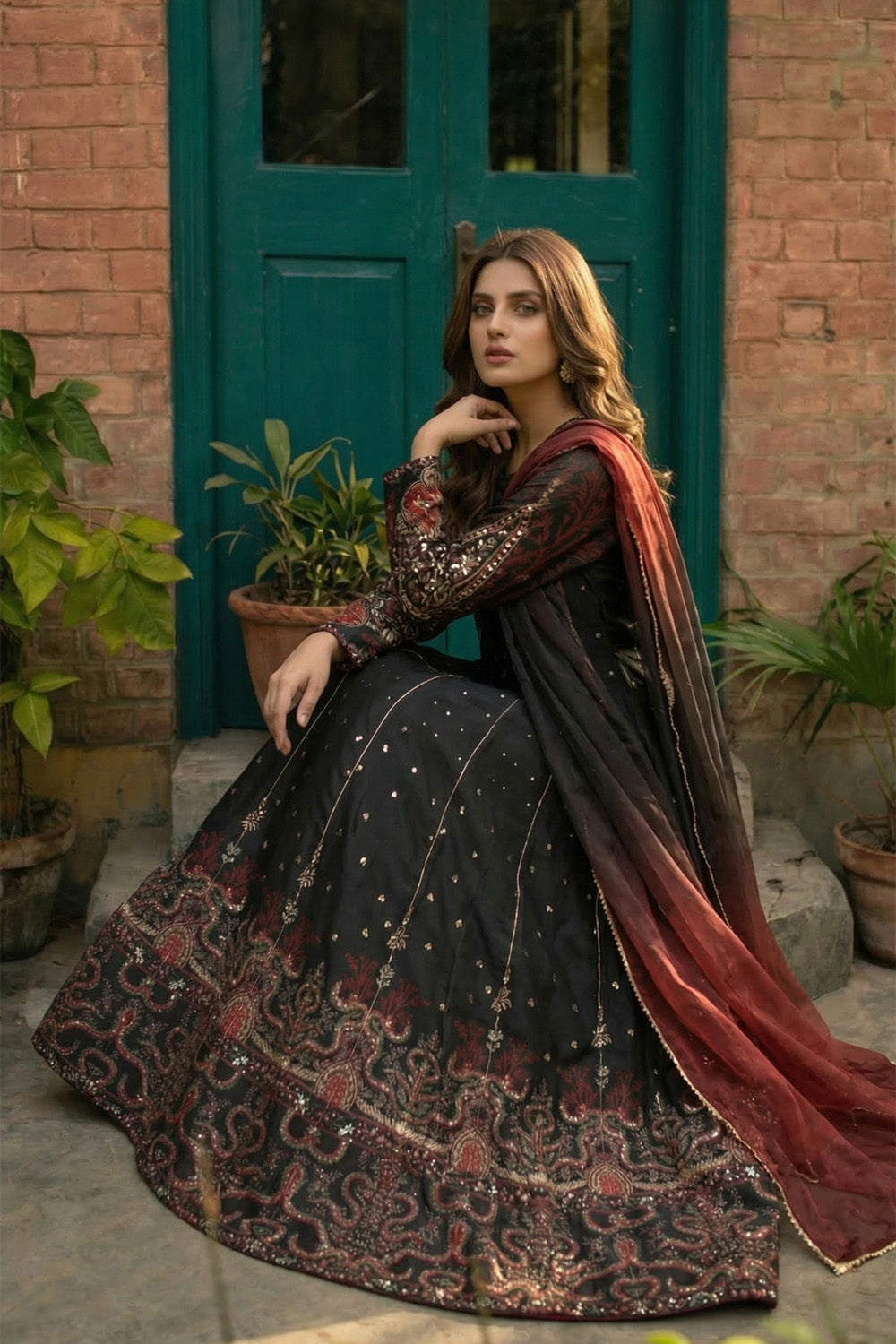 2 Piece - Embellished Printed Shamoz Silk Suit LFP1157