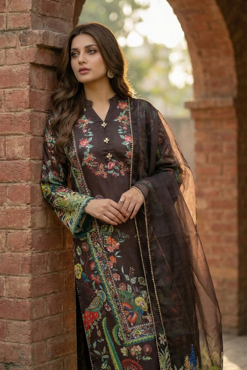 3 Piece - Embellished Printed Shamoz Silk Suit LFP1158