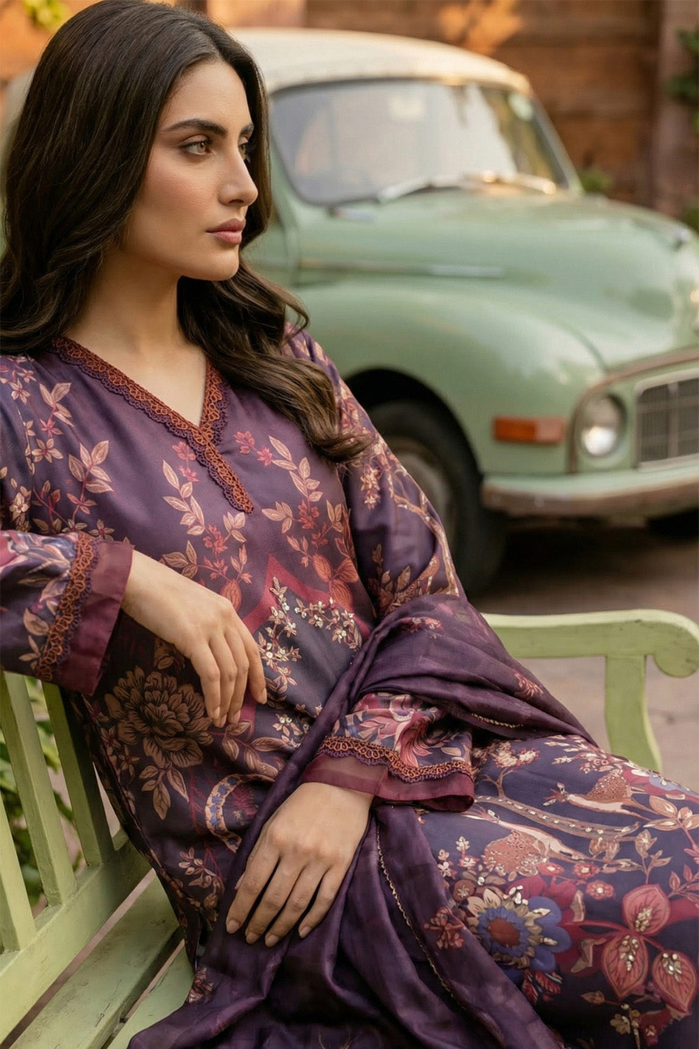 3 Piece - Embellished Printed Shamoz Silk Suit LFP1164