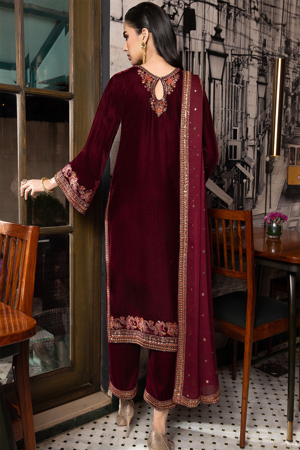 3 Piece - Embroidered Premium Velvet Suit V001018