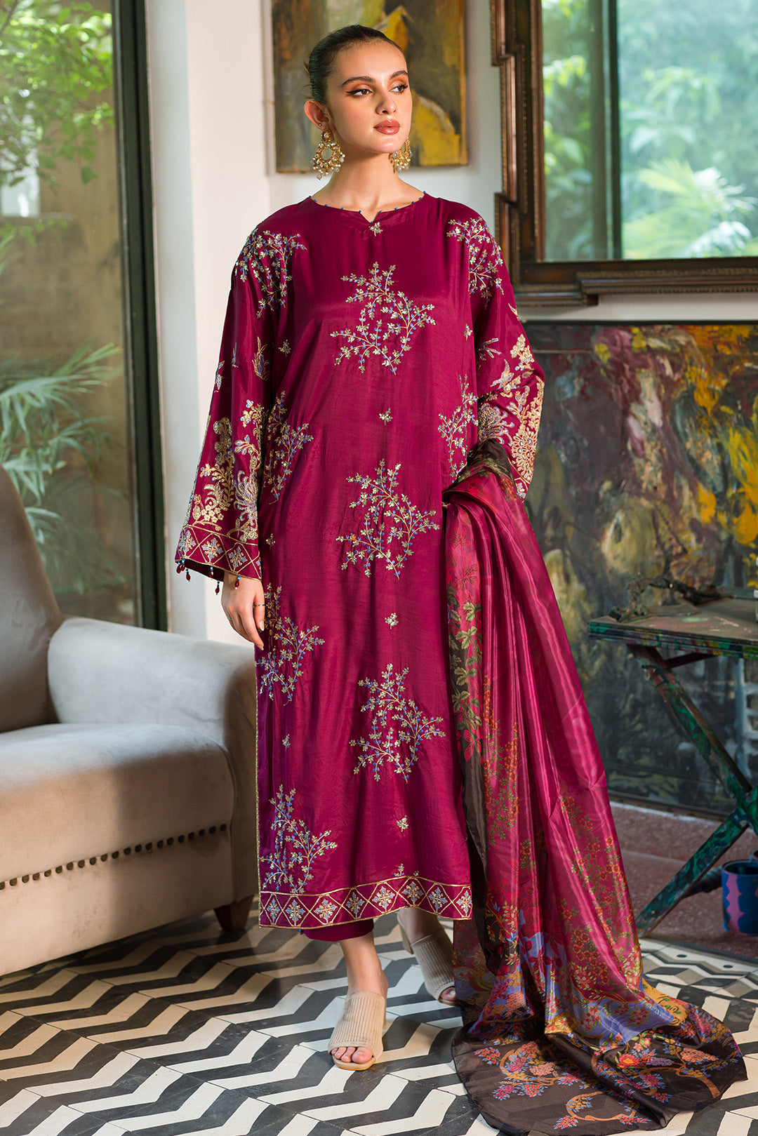 Plum Embroidered Raw Silk