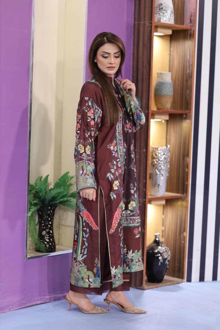 3 Piece - Embellished Printed Shamoz Silk Suit LFP1158