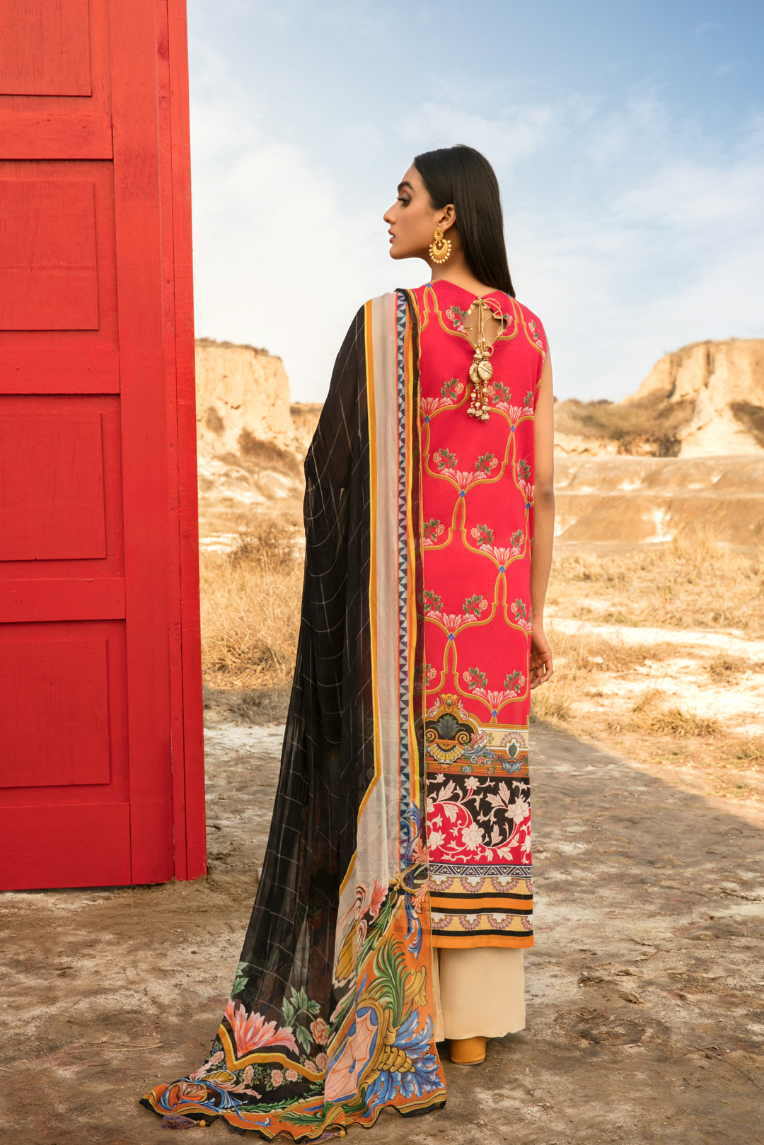 3PC Lawn Digital Printed Embroidered With Chiffon Dupata U2404- RED