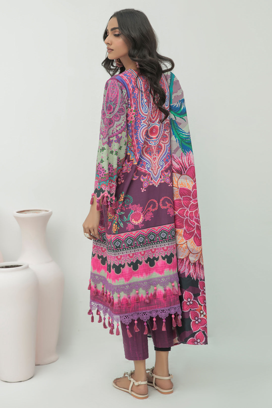 3 Piece - Embroidered Digital Printed Cotton Slub Khaddar Suit U0349