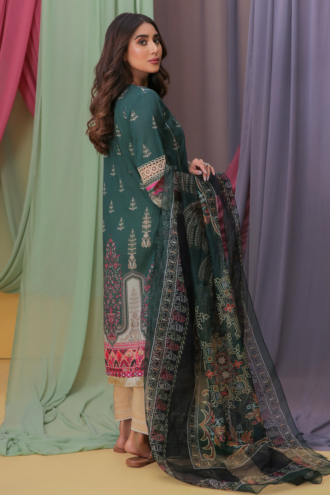 2PC Digital Printed Texture Lawn With Rajo Net Dupata U2782