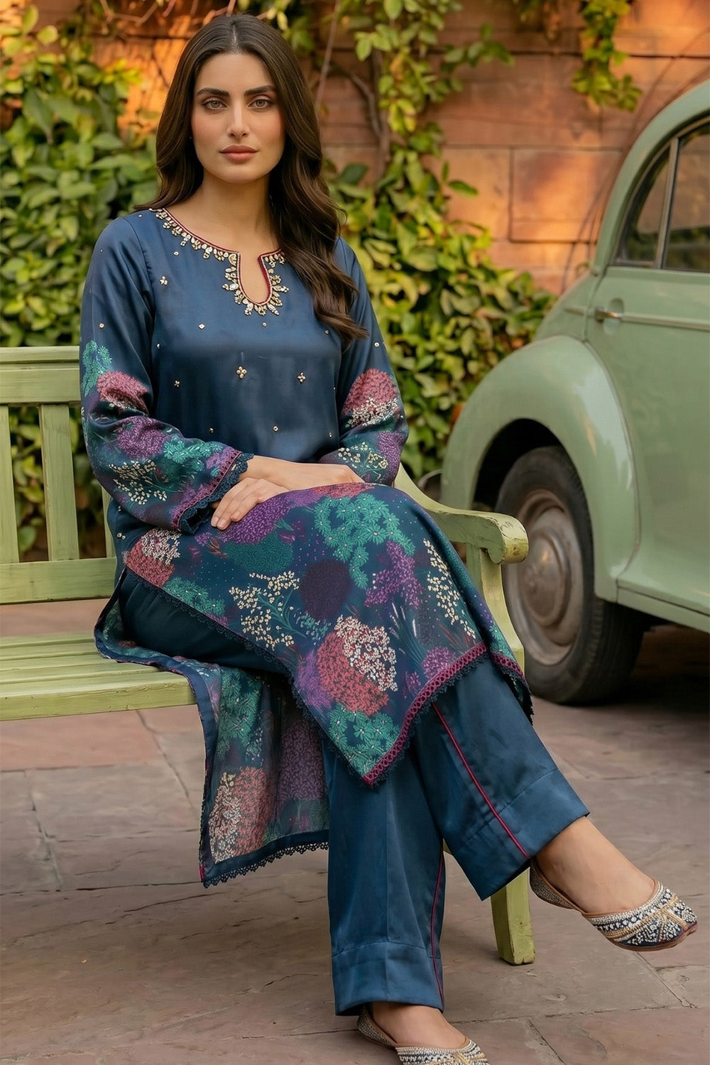 3 Piece - Embellished Printed Shamoz Silk Suit LFP1161