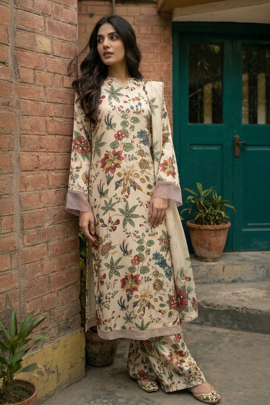 3 Piece - Embellished Printed Shamoz Silk Suit LFP1156