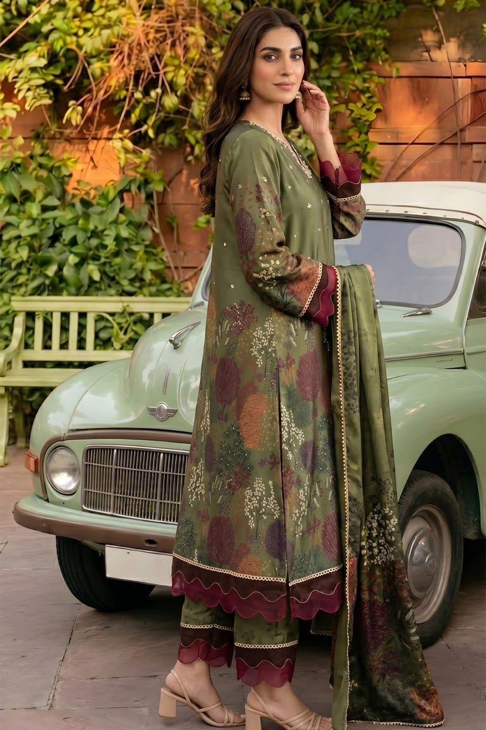 3 Piece - Embellished Printed Shamoz Silk Suit LFP1162