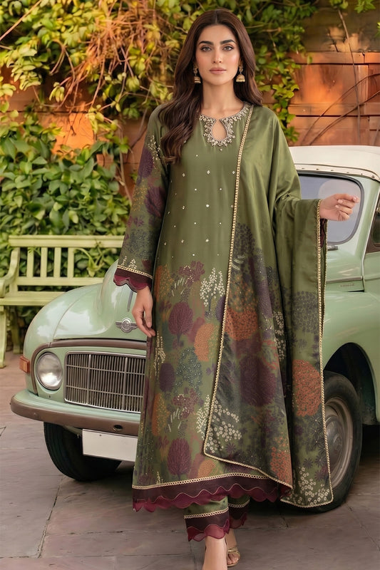 3 Piece - Embellished Printed Shamoz Silk Suit LFP1162