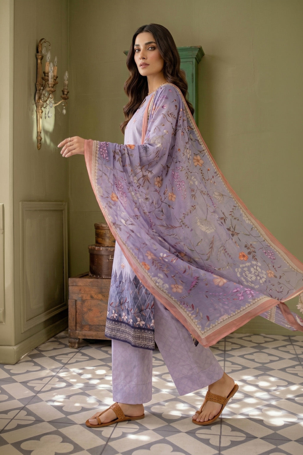3 Piece - Embroidered Digital Printed Lawn Suit P001238