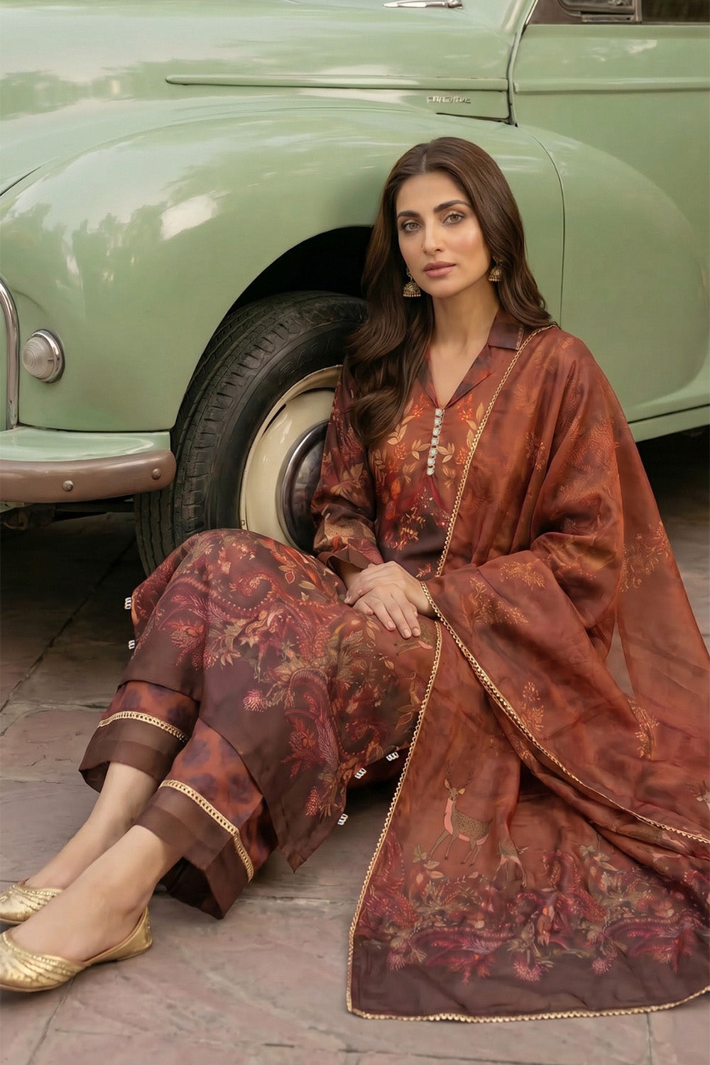 3 Piece - Embellished Printed Shamoz Silk Suit LFP1163