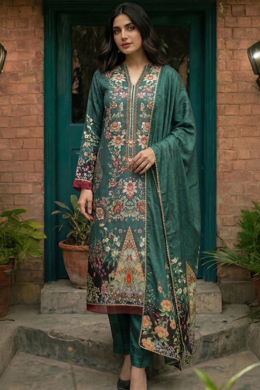 3 Piece - Embellished Printed Shamoz Silk Suit LFP1155