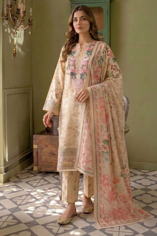 3 Piece - Embroidered Digital Printed Lawn Suit U001233 (Unstitched and Stitched)