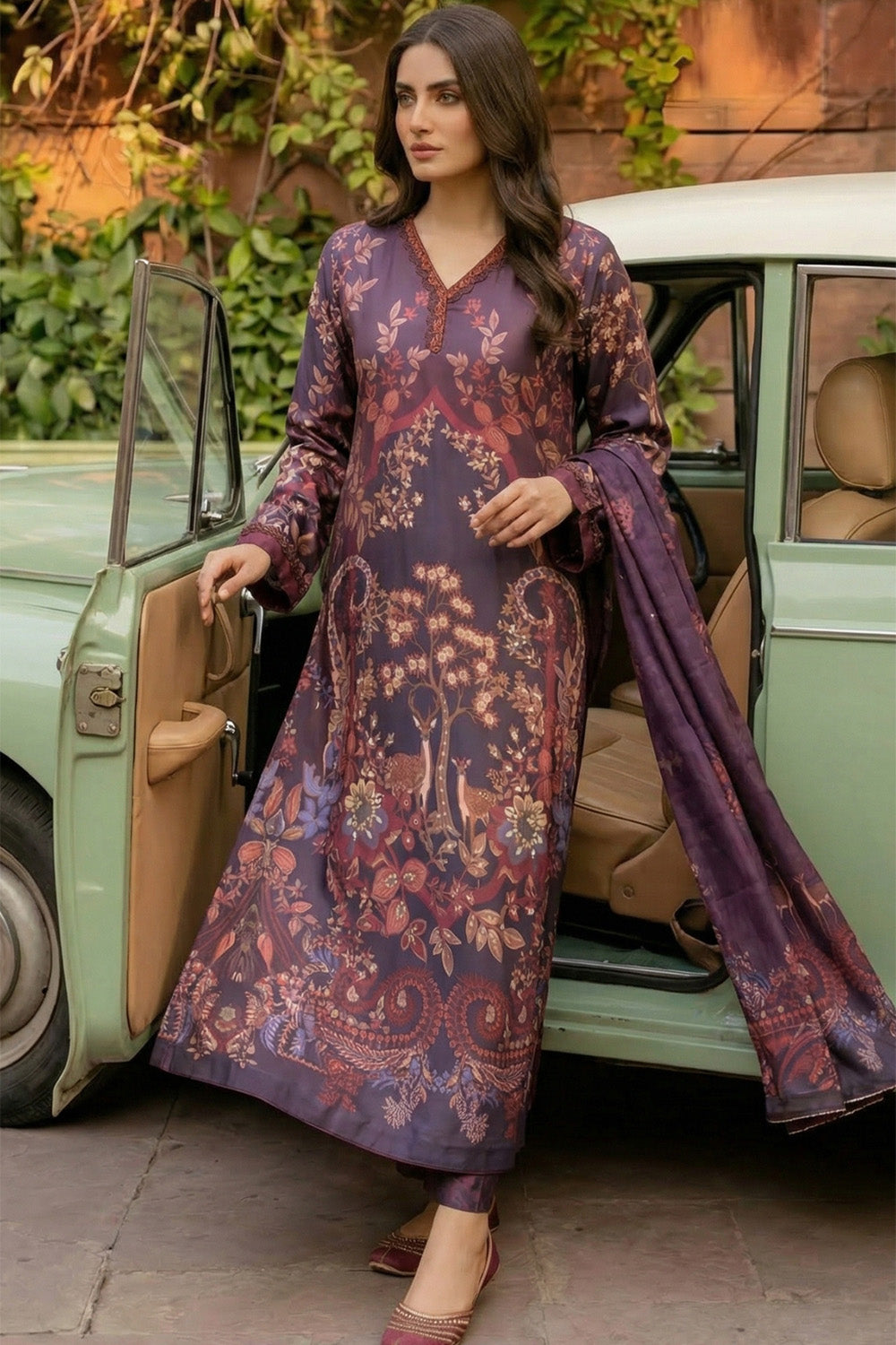 3 Piece - Embellished Printed Shamoz Silk Suit LFP1164