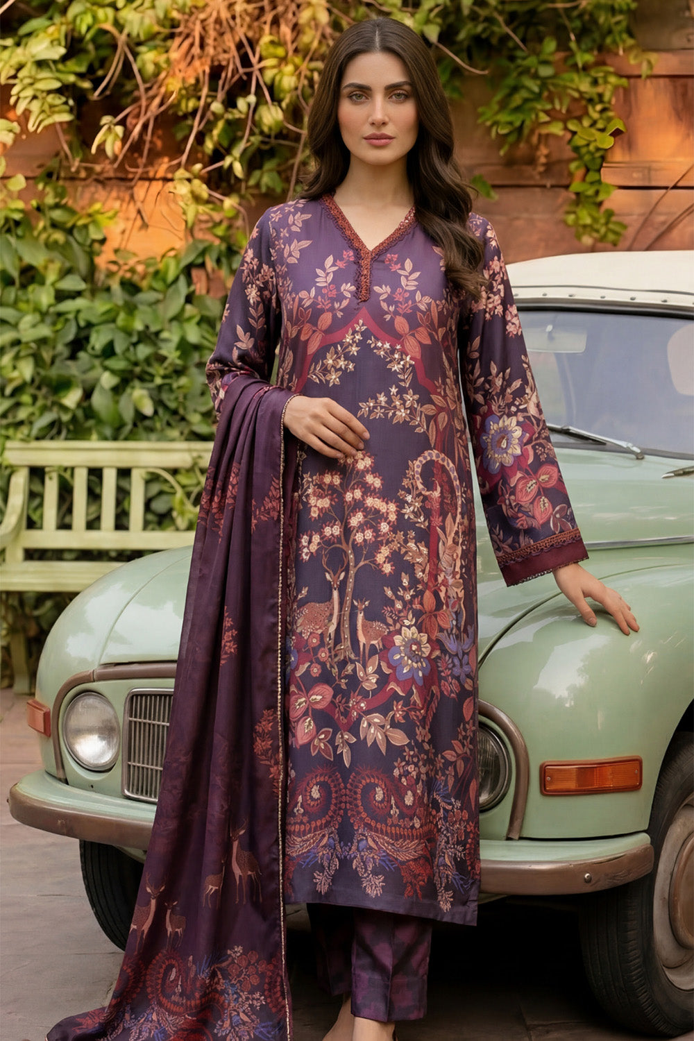 3 Piece - Embellished Printed Shamoz Silk Suit LFP1164