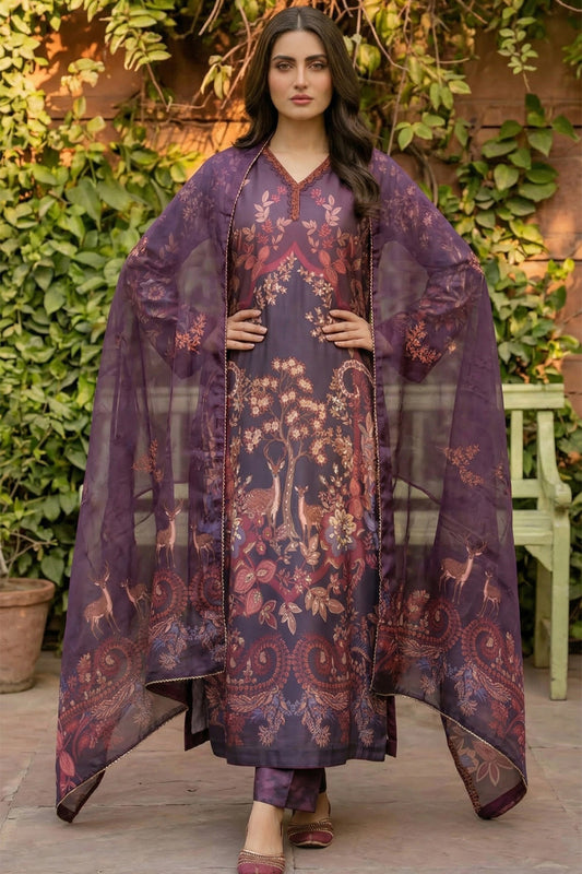 3 Piece - Embellished Printed Shamoz Silk Suit LFP1164