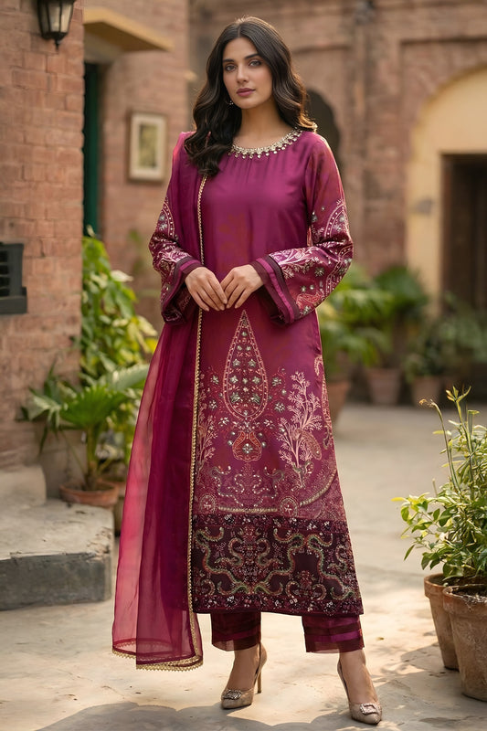 3 Piece - Embellished Printed Shamoz Silk Suit LFP1159