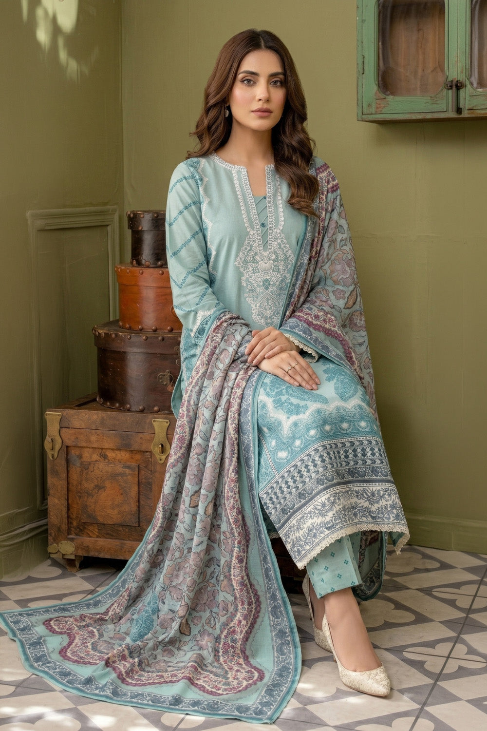 3 Piece - Embroidered Digital Printed Lawn Suit U001234 (Unstitched and Stitched)