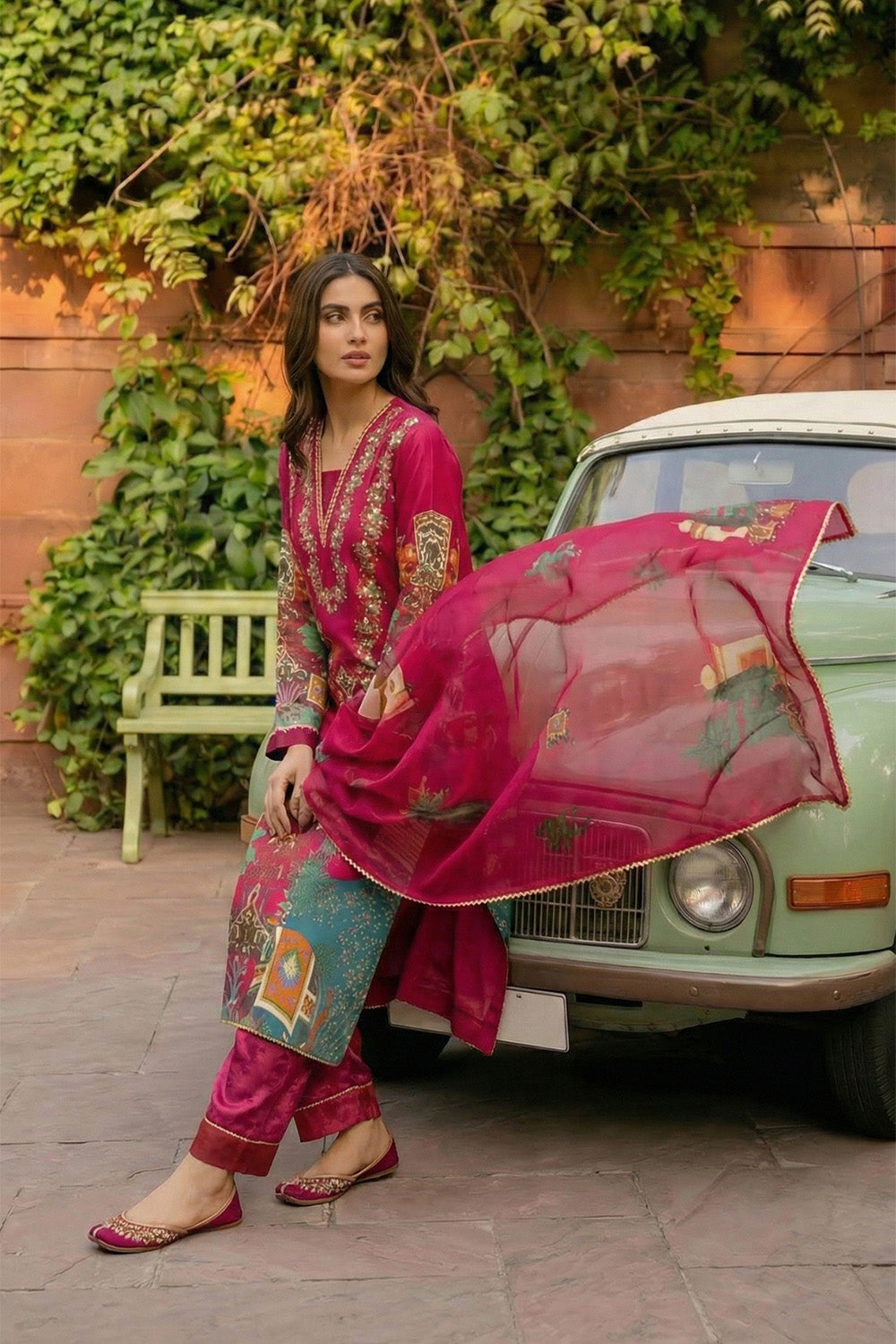 3 Piece - Embellished Printed Shamoz Silk Suit LFP1165