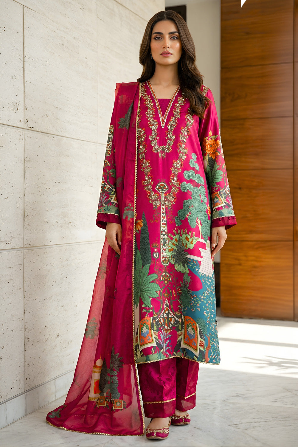 3 Piece - Embellished Printed Shamoz Silk Suit LFP1165