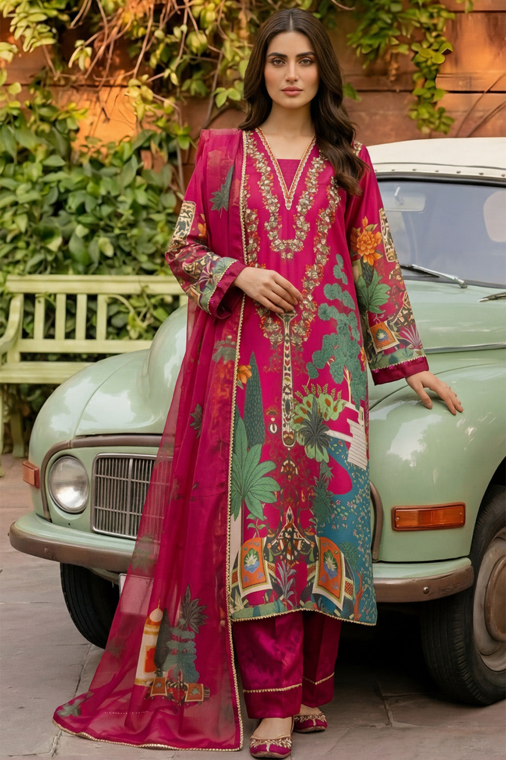 3 Piece - Embellished Printed Shamoz Silk Suit LFP1165