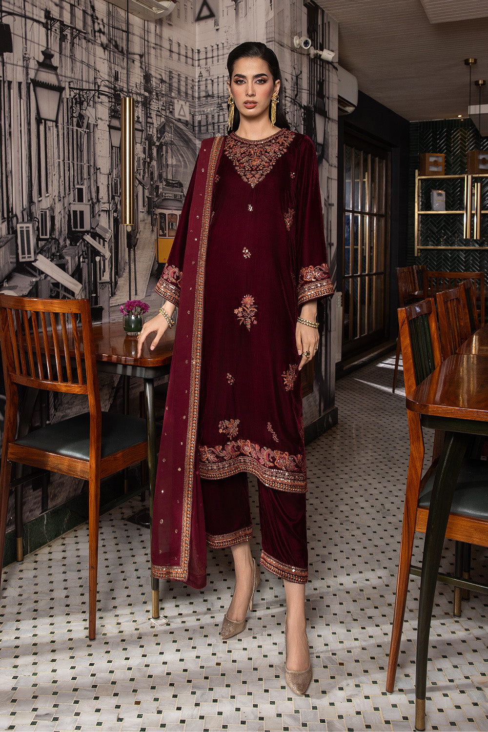 3 Piece - Embroidered Premium Velvet Suit V001018