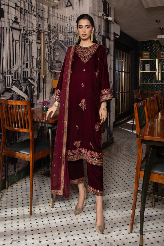 3 Piece - Embroidered Premium Velvet Suit V001018