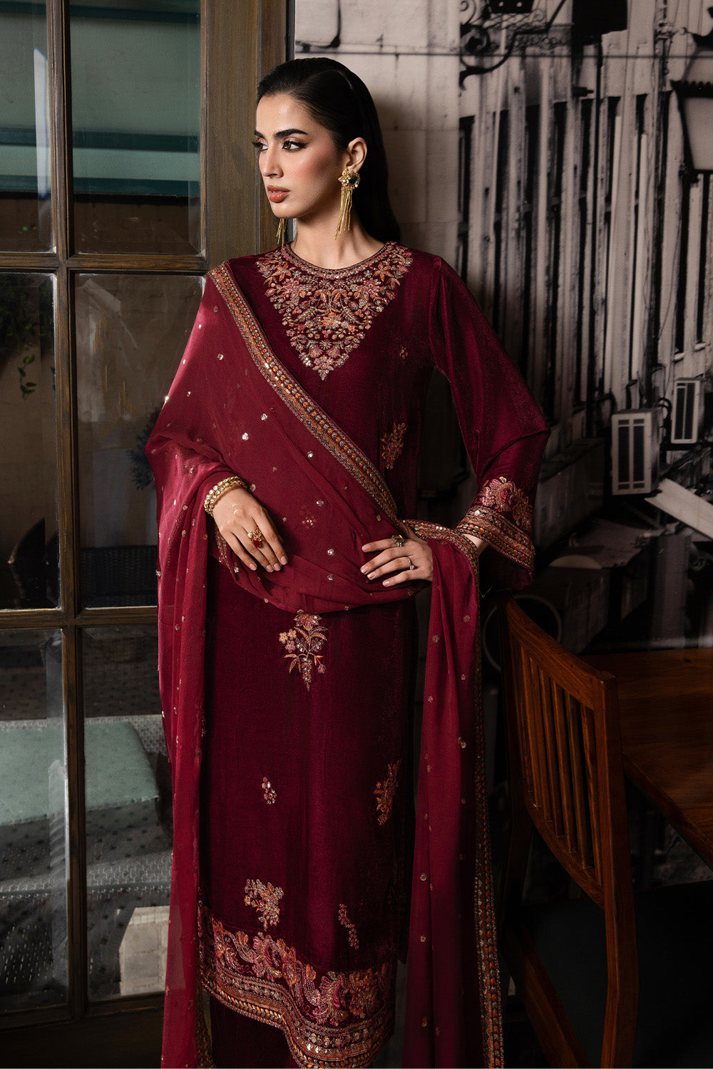 3 Piece - Embroidered Premium Velvet Suit V001018