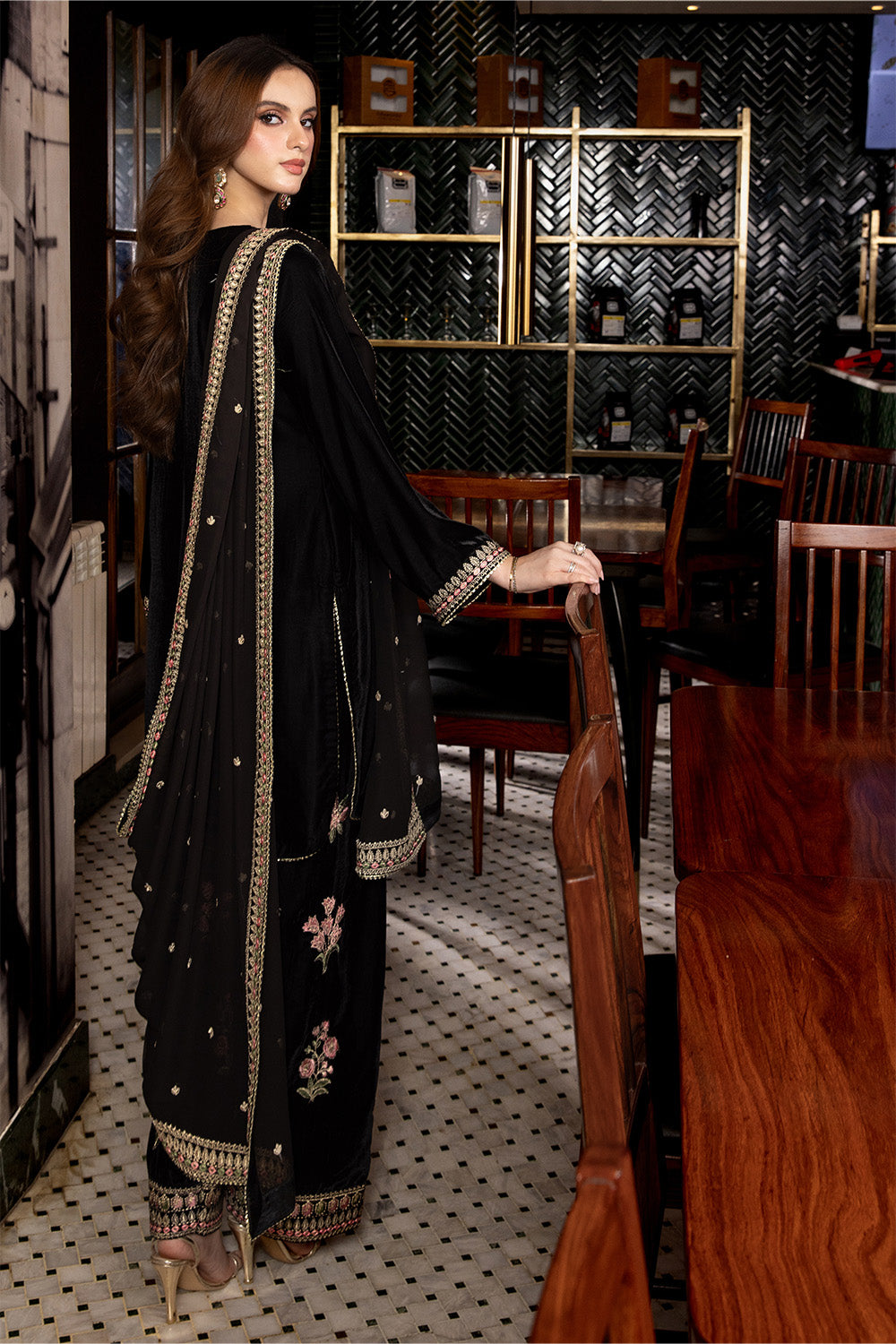 3 Piece - Embroidered Premium Velvet Suit V001019