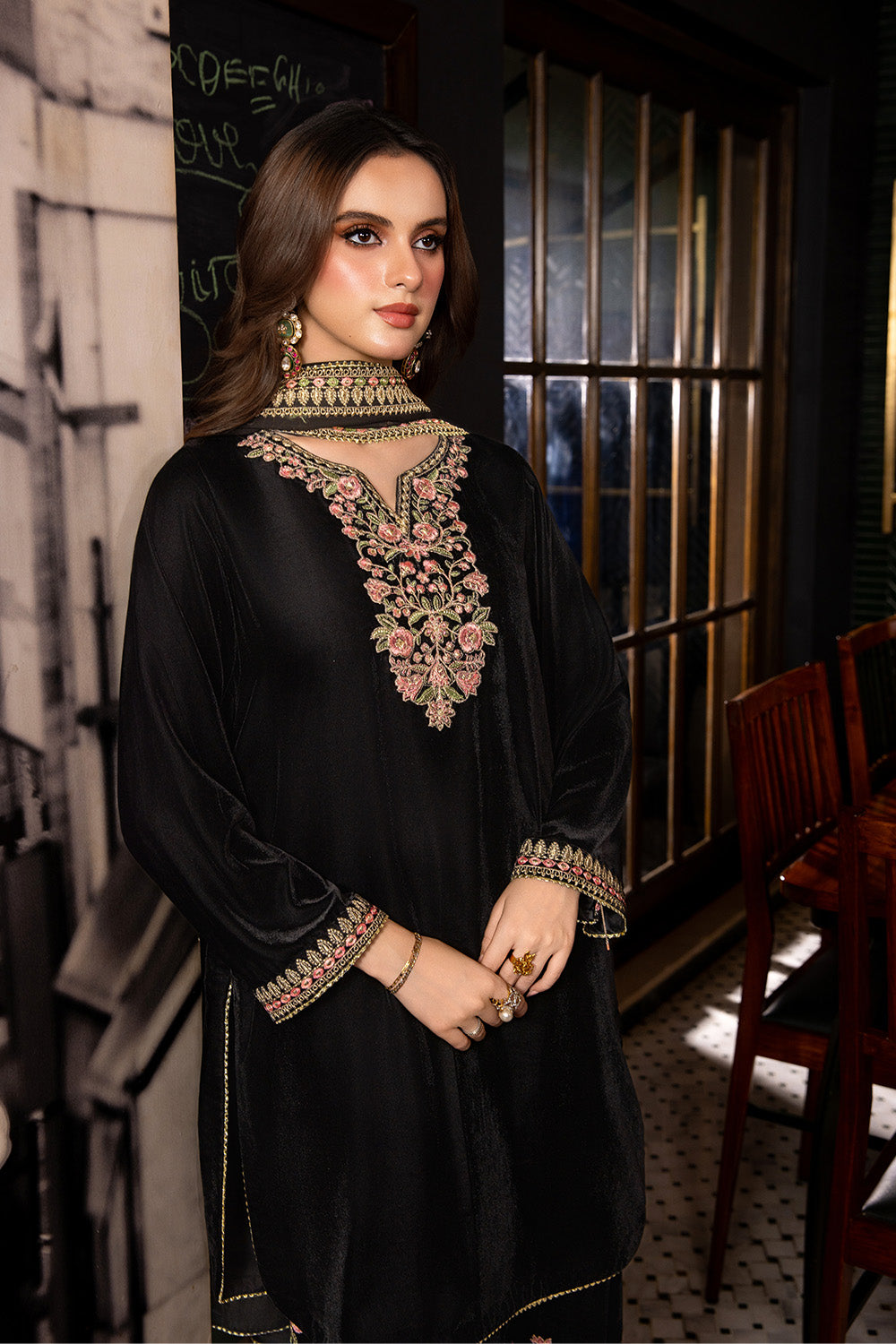 3 Piece - Embroidered Premium Velvet Suit V001019