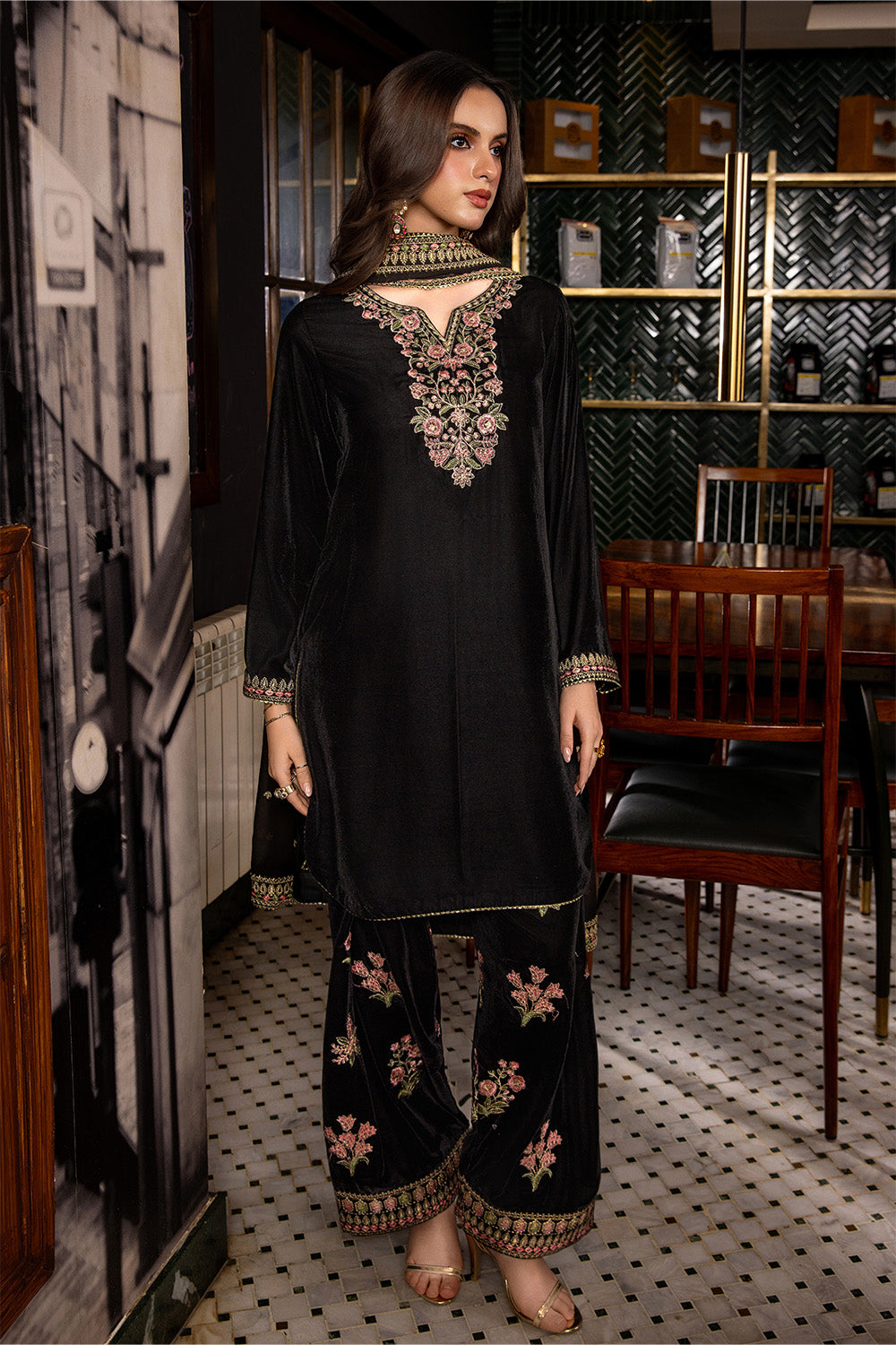 3 Piece - Embroidered Premium Velvet Suit V001019
