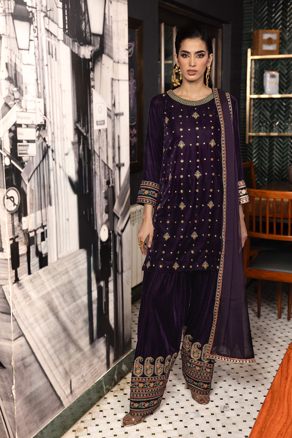 3 Piece - Embroidered Premium Velvet Suit V001020