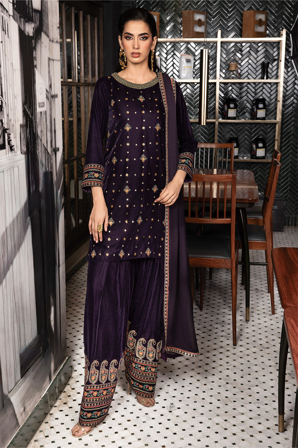 3 Piece - Embroidered Premium Velvet Suit V001020