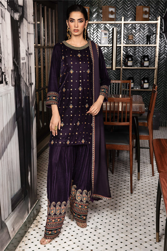 3 Piece - Embroidered Premium Velvet Suit V001020