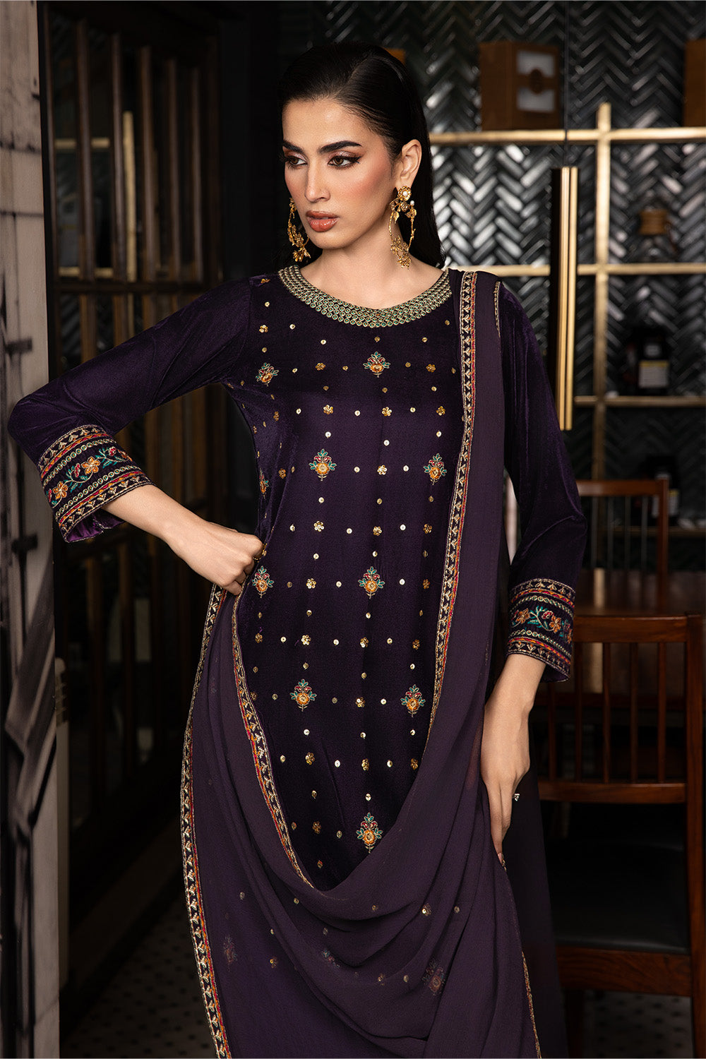 3 Piece - Embroidered Premium Velvet Suit V001020