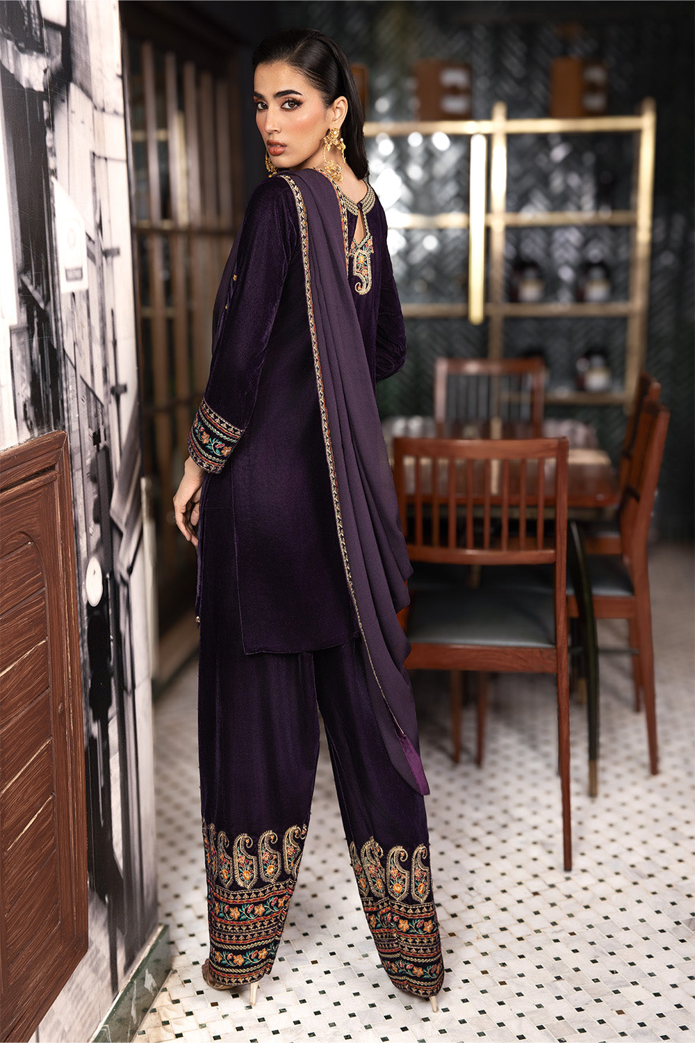 3 Piece - Embroidered Premium Velvet Suit V001020