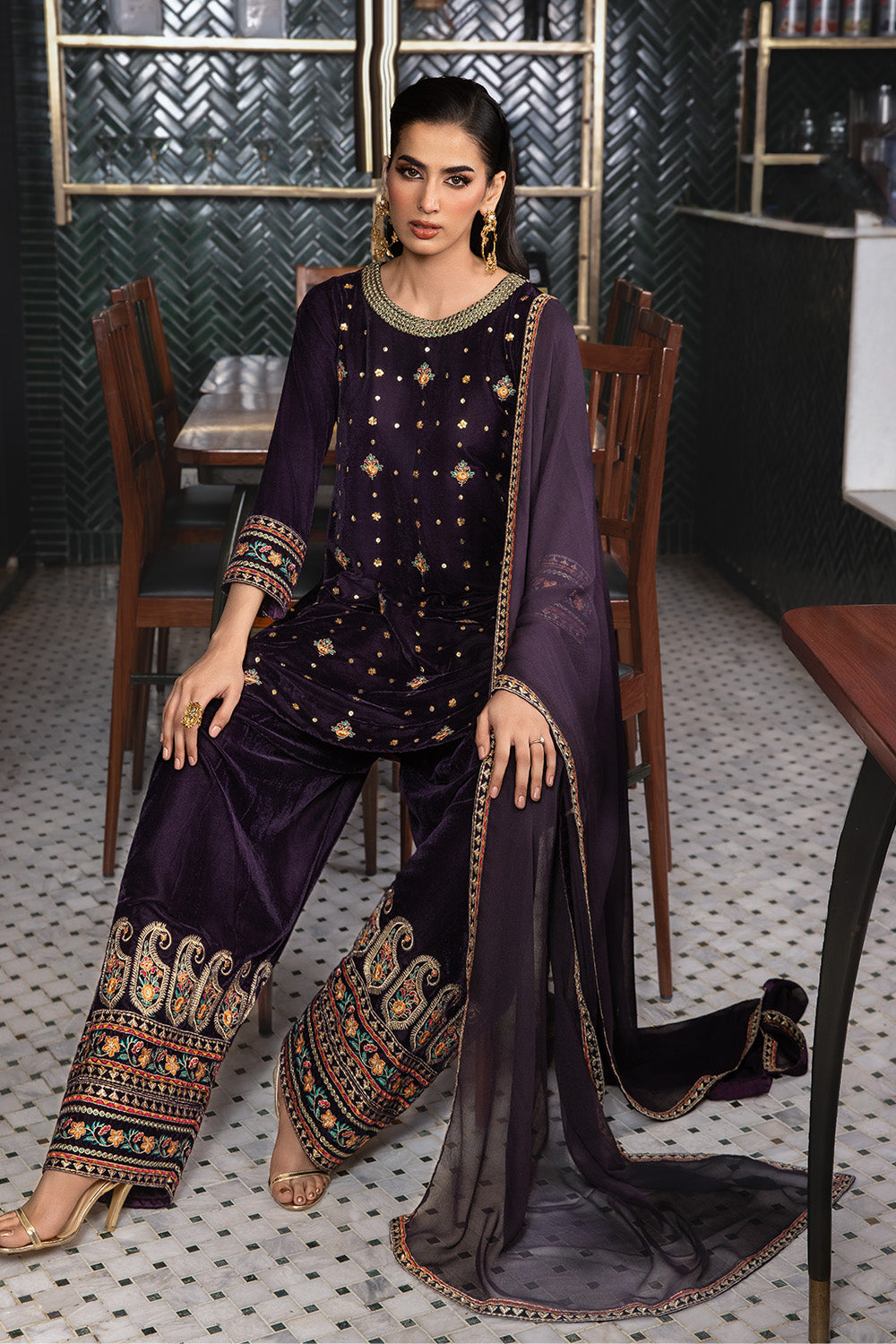 3 Piece - Embroidered Premium Velvet Suit V001020