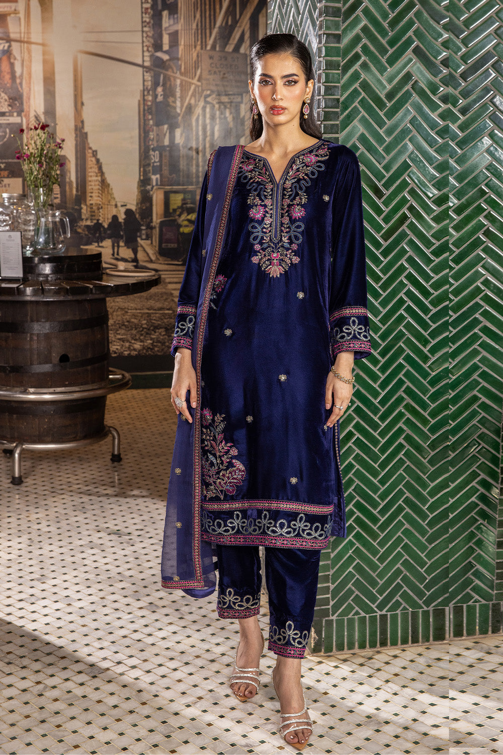 3 Piece - Embroidered Premium Velvet Suit V001021