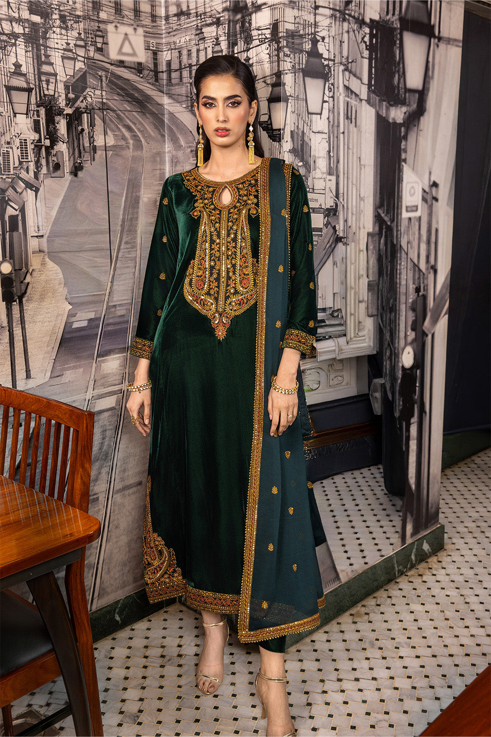 3 Piece - Embroidered Premium Velvet Suit V001016