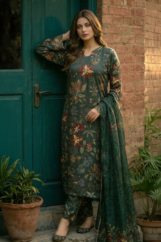 3 Piece - Embellished Printed Shamoz Silk Suit LFP1160