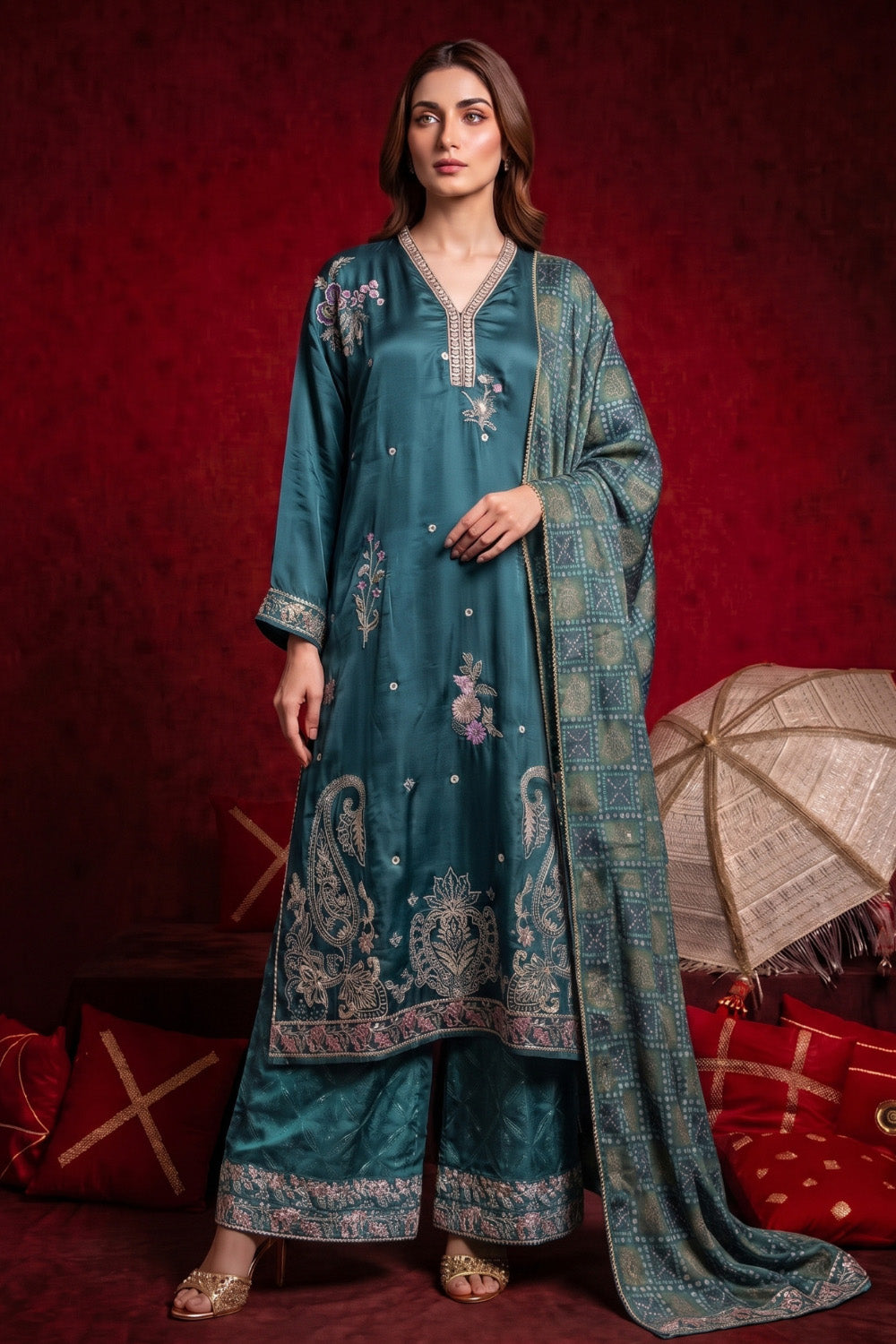 3 Piece - Premium Pure Tussar Silk Embroidered Suit LFP1153