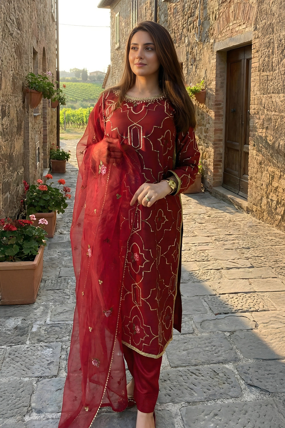 3 Piece - Embroidered Korean Silk Suit LFP1143