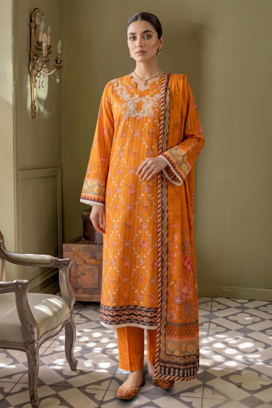 3 Piece - Embroidered Digital Printed Lawn Suit U001235 (Unstitched and Stitched)