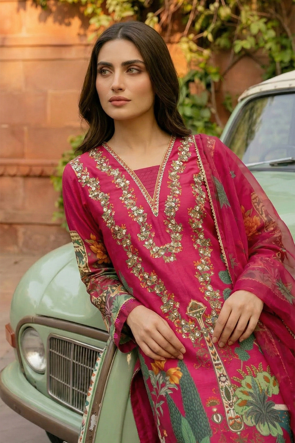 3 Piece - Embellished Printed Shamoz Silk Suit LFP1165