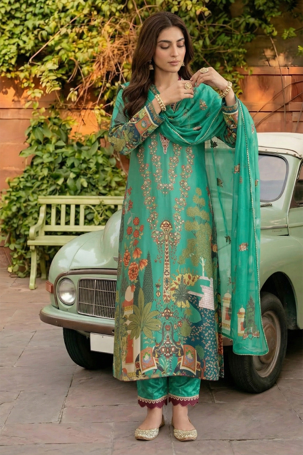 3 Piece - Embellished Printed Shamoz Silk Suit LFP1166