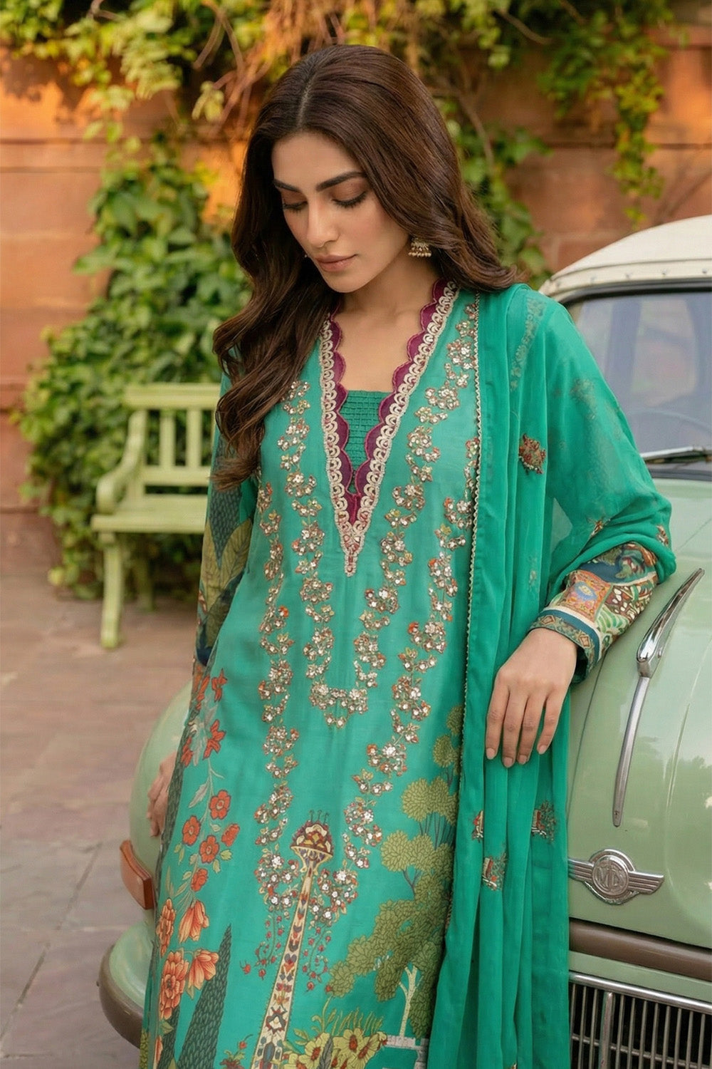 3 Piece - Embellished Printed Shamoz Silk Suit LFP1166