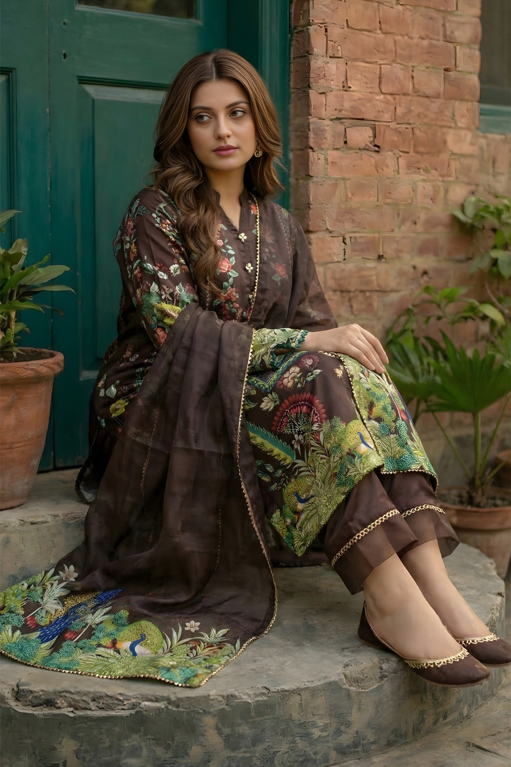 3 Piece - Embellished Printed Shamoz Silk Suit LFP1158