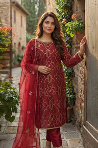 3 Piece - Embroidered Korean Silk Suit LFP1143