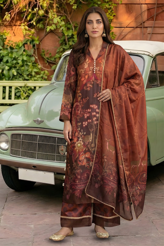 3 Piece - Embellished Printed Shamoz Silk Suit LFP1163