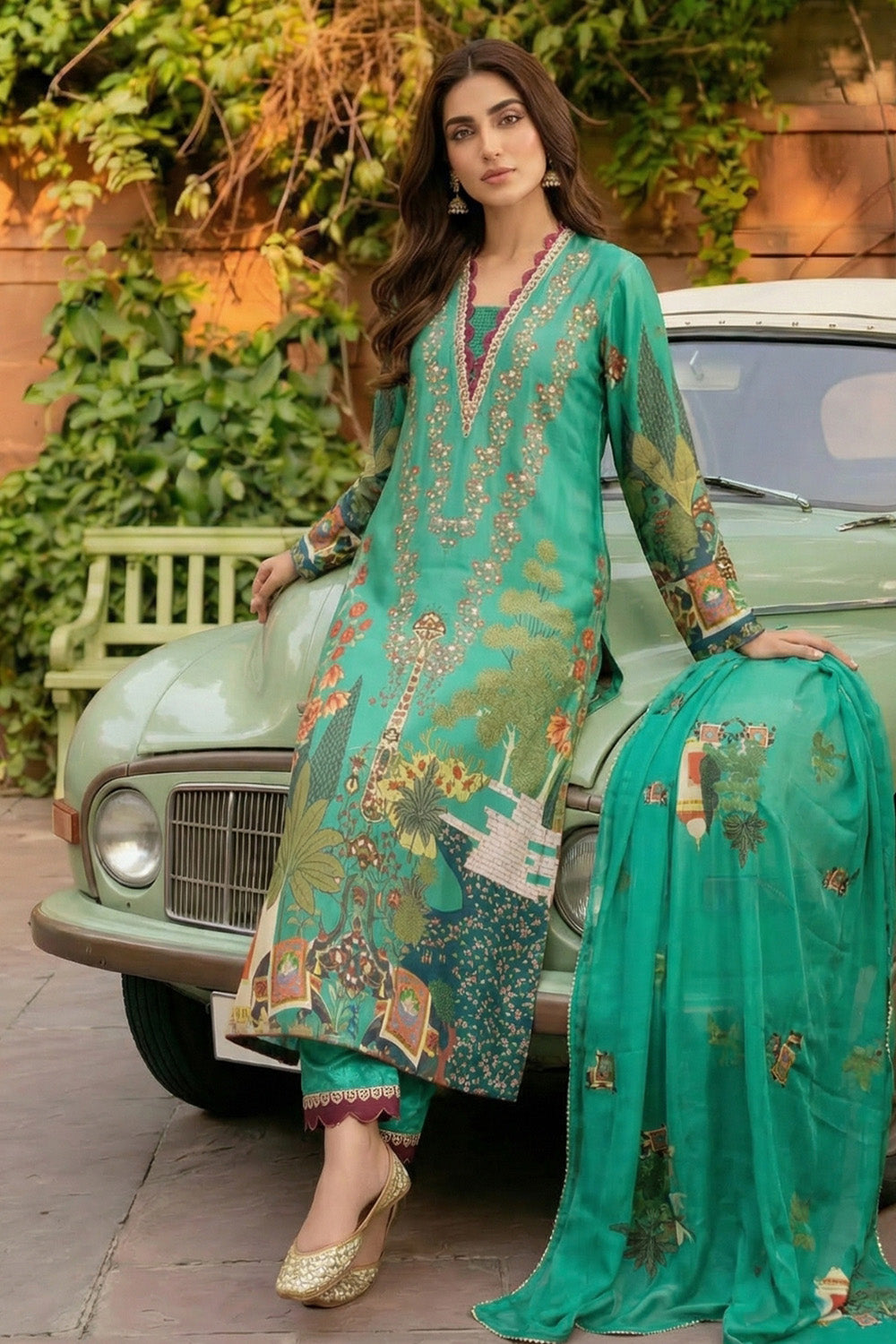 3 Piece - Embellished Printed Shamoz Silk Suit LFP1166